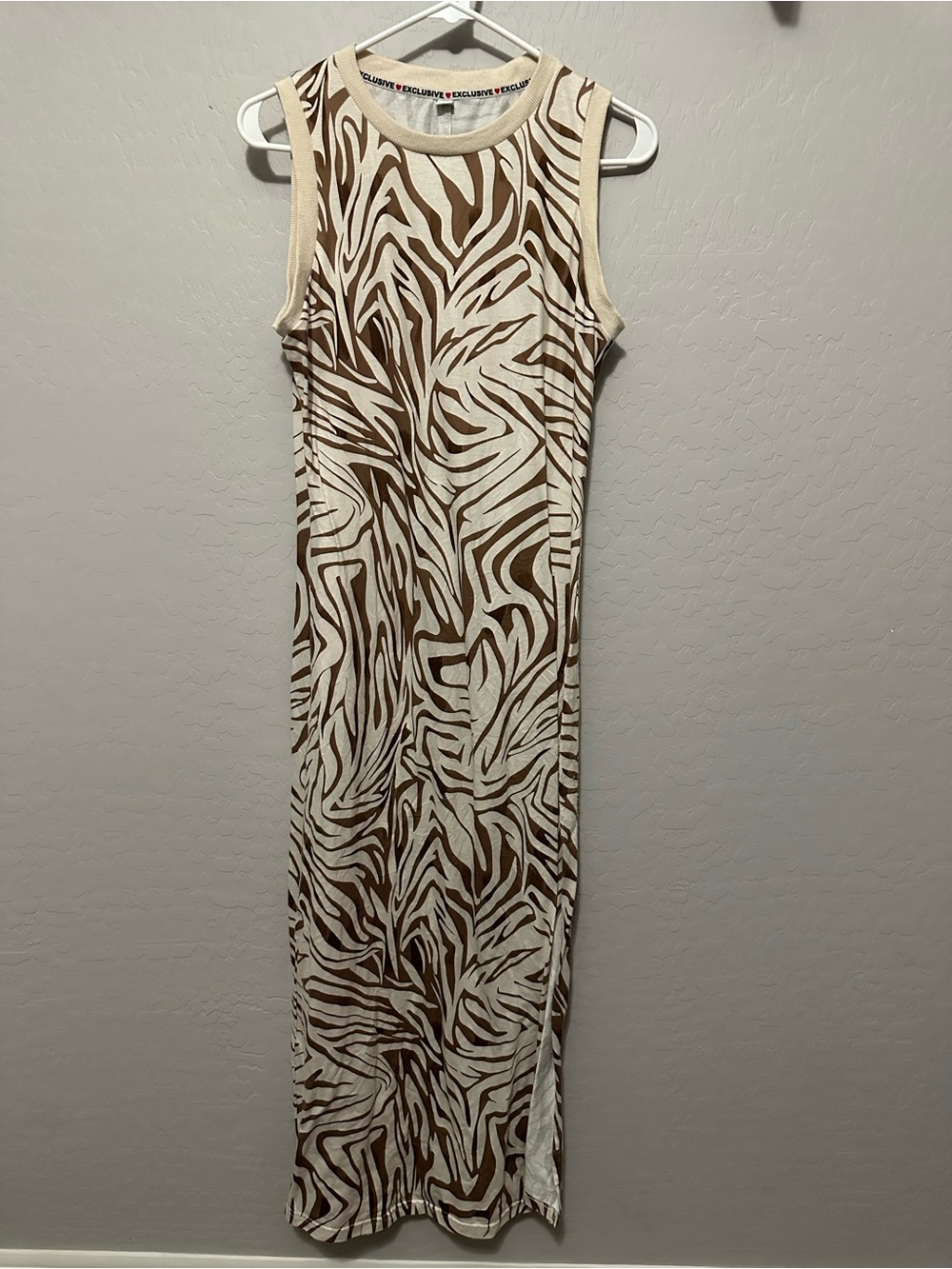 Sleeveless Zebra-Print Maxi Dress in Brown and Cream